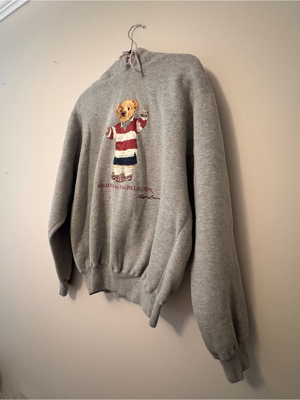 Vintage 90s Polo Ralph Lauren Rugby Polo Bear Heather Grey Hoodie — Size M - Picture 3 of 10